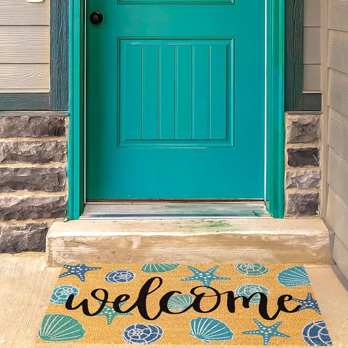 JarThenaAMCS Seashell Natural Coir Door Mat Aqua Blue Beach Theme Welcome Floor Mat Non-Slip Entrance Door Rugs for Summer Indoor Outdoor Home Bathroom Decor, 16.5 x 29 Inch