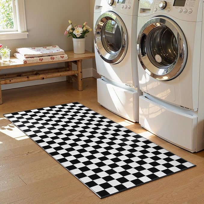 Seavish Black and White Checkered Rug, 2x4.3 Ft Outdoor Front Door Rugs | Low Pile Washable Cotton Woven Runner Rugs, Reversible Layered Floor Door Mat for Front Door Hallway Entryway Porch Patio