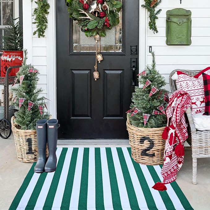 Green & White Striped Rug, 2'4" x 3'7" Indoor/Outdoor Area Rug for Front Porch, Entryway, Machine Washable Cotton Woven Welcome Door Mat