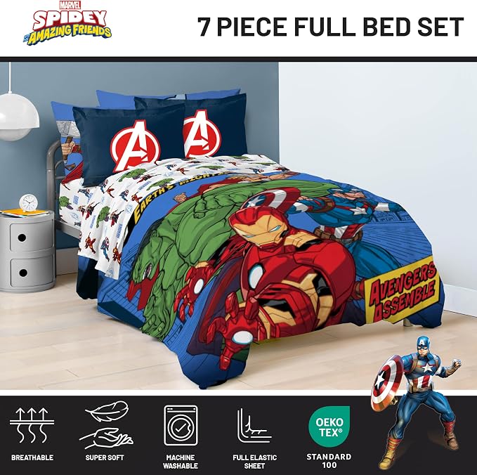 Jay Franco Kids Bed Set, Blue, Avengers, 7 Piece Full | Cozy Soft Bedding for Stylish Room Décor with Comforter, Sheets & Pillow Covers