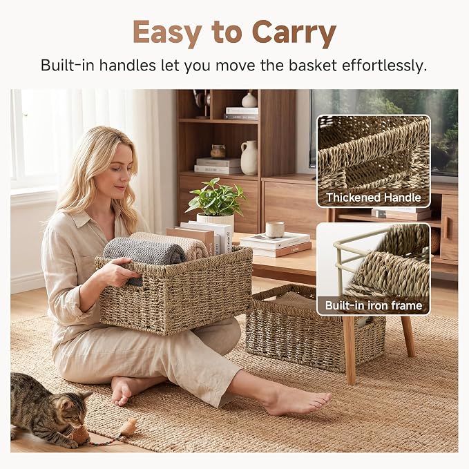StorageWorks Wicker Storage Baskets,Natural Seagrass Storage Baskets,2-Pack | Seagrass Baskets for Storage,Seagrass Woven Storage Baskets with Built-i Handles,Decorative Woven Baskets for Storage