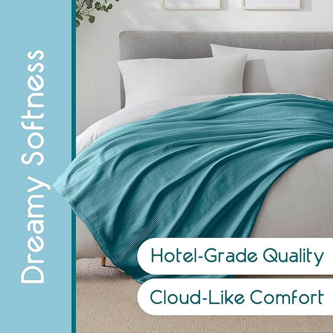 Vellux 100% Cotton Blanket, Queen, 90x90, Pacific Blue | Soft, Breathable Knit, Lightweight, All Season, Machine Washable, Oeko-Tex Certified, Hotel Quality