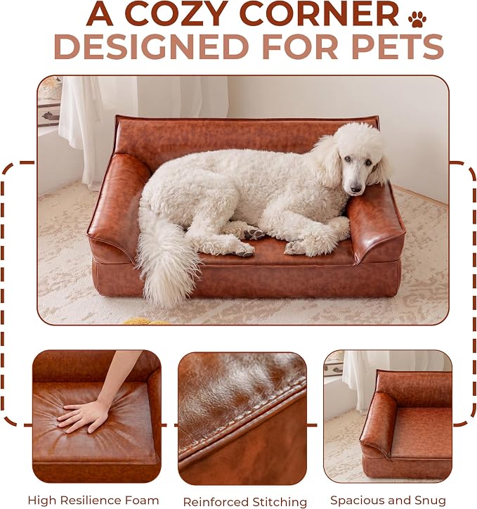 X-Large Leather Dog Bed Couch for Large Dogs Under 90 lbs, Brown Luxurious Vintage Elevated Dog Sofa Chaise Indoor Furniture Style Pet Supplies Low Maintenance