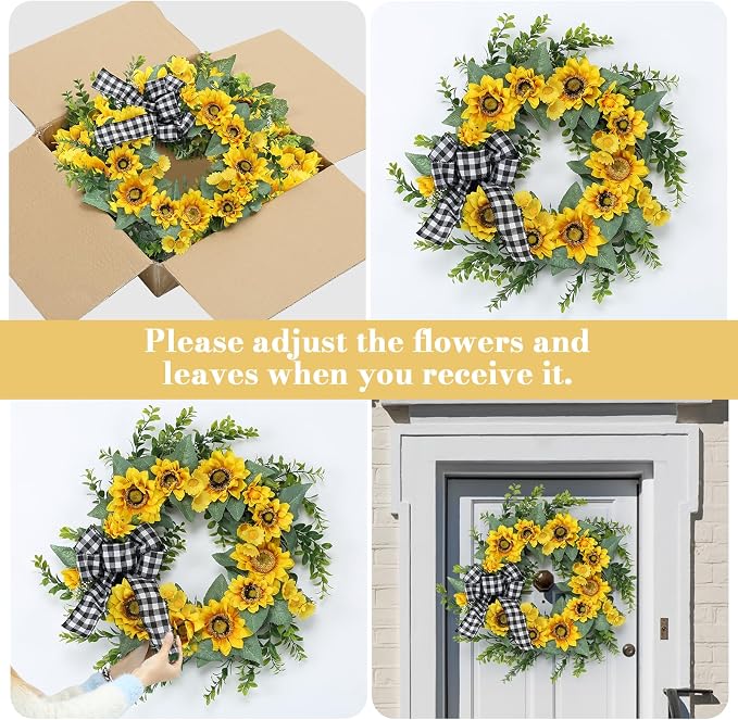 Garvee Summer Wreaths for Front Door, 18" Artificial Sunflower Wreath | Faux Greenery Wreath with Yellow Floral and Buffalo Check Bow, for Farmhouse Porch Window Wall Home Decor