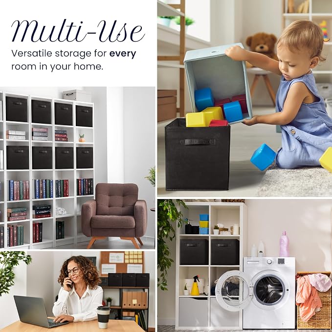 Reli. 13x13x13 Storage Cube Bins (8 Pack) | Large Cube Organizer Bins | 13x13 Fabric Storage Boxes | Fits Kallax | Collapsible, Foldable Fabric Cubby Box (Square) | Kids Room Organization (Black)