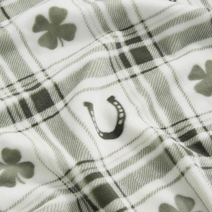 Lucky Brand 50" x 70" Plush Throw Blanket, Clover Horseshoe Plaid Sage Green Blanket for Sofa or Bed