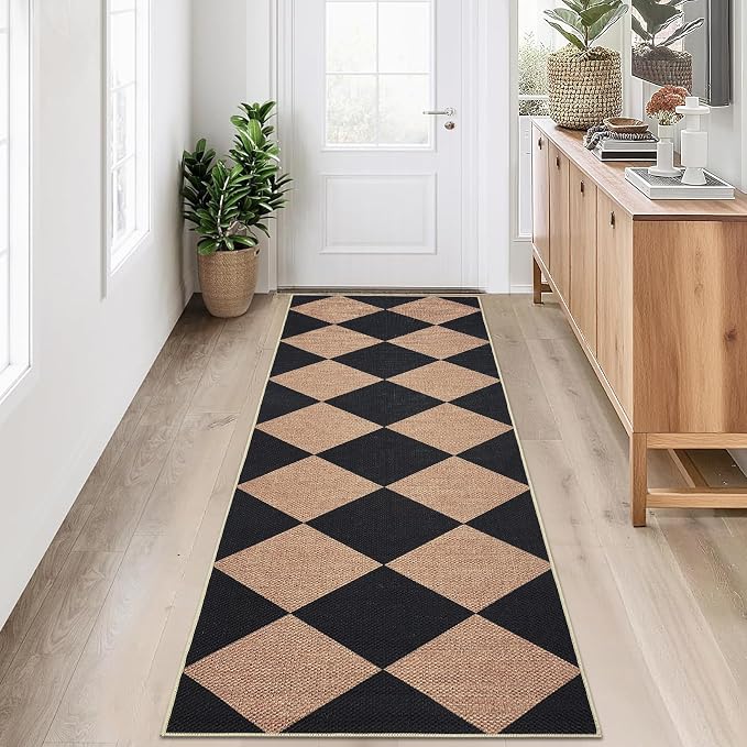 COZYLOOM 2x6 Geometric Area Rug Washable Runner Rug for Hallway Non Slip Non Shedding Modern Diamond Print Carpet Stain Resistant Foldable Modern Ultra Soft Door Mats for Kitchen, Brown