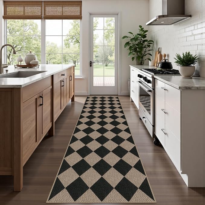 Rugalia Easy Jute Checkered Runner Rug, 2.6x10 Black Modern Washable Rugs Runner for Hallway Non-Slip Kitchen Runner Rug, Geometric Diamond Indoor Outdoor Carpet for Porch Laundry Entryway