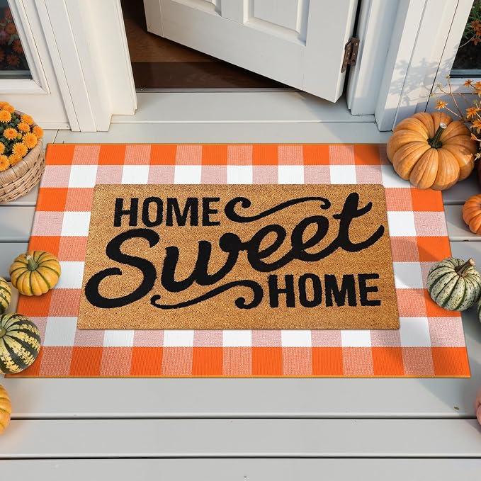 Collive 3x5 Buffalo Plaid Checkered Outdoor Rug, White and Orange Halloween Fall Decor Door Mat, Washable Front Doormat Outside Entrance, Layered Welcome Mat Porch Cotton Area Rugs for Entryway Patio