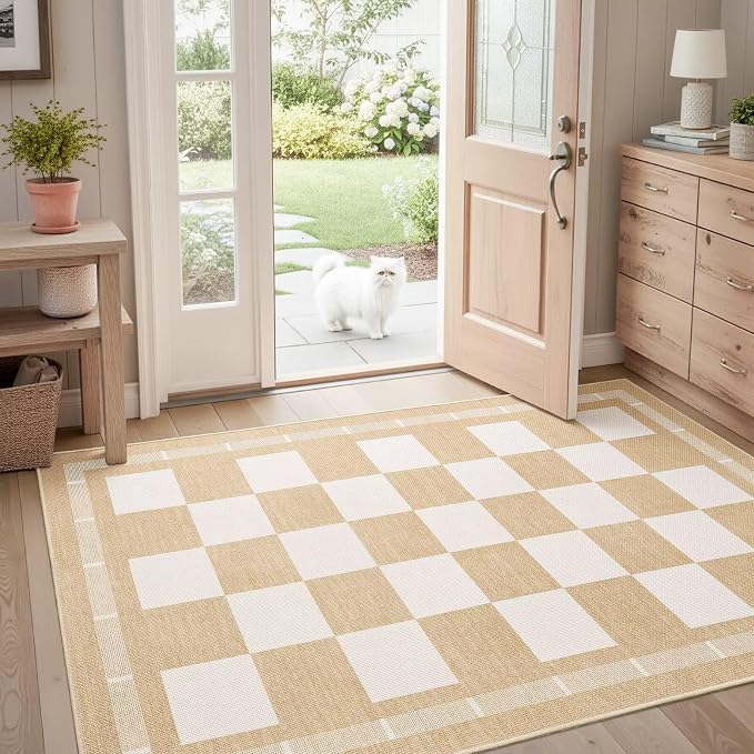 Vasofe 3x5 Outdoor Rug, Jute Checkered Rugs, Patio, Entryway, Plaid Carpet | Washable Indoor, Balcony, Porch, Bedroom Kitchen Carpets, Non Slip Farmhouse Neutral Laundry Office Mat, Khaki and White