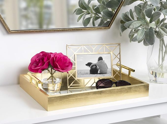Kate and Laurel Lipton Decorative Mirror Tray with Polished Metal Handles, Gold