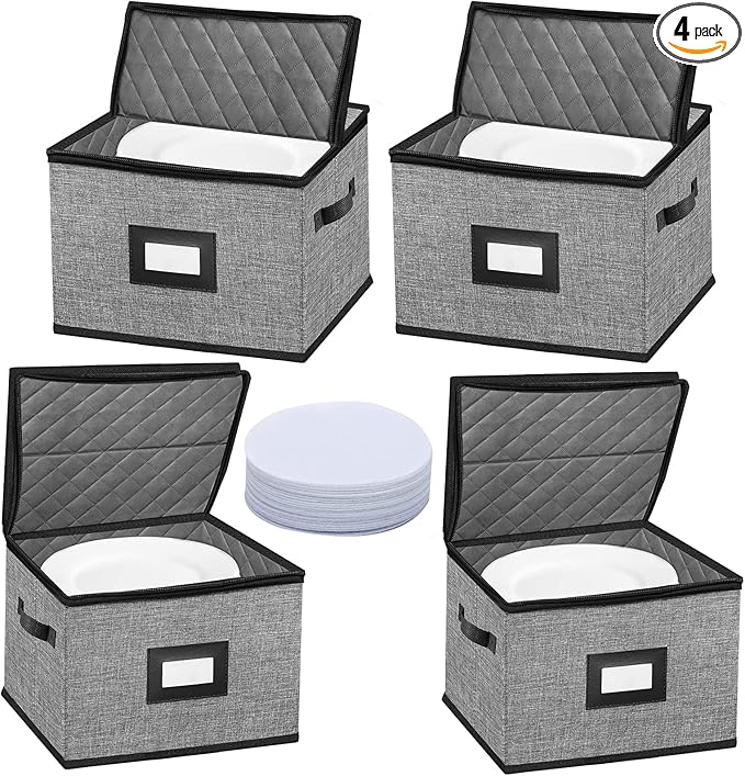 China Storage Containers-4PACK Quilted Dish Storage Containers with Lid Hard Shell for Moving Transport, Dinnerware,Stackable Plate Storage,24 Felt Plate Dividers Included,12 * 12 * 8in | 12*12*8in Dish Storage Containers with Lid Hard Shell for Moving...