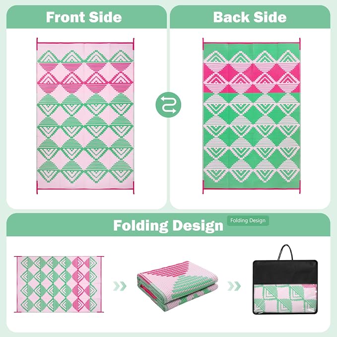 Lahome Waterproof Outdoor Patio Rug 9x12, Reversible Large Outdoor Rug for Patios, Camping Rugs for RV Backyard Deck Picnic Beach Trailer (Pink/Green, 9' x 12')