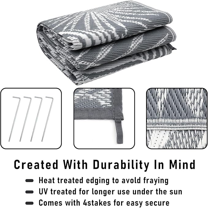 Outdoor Reversible Plastic Straw Rug, 9'x12', Cool Gray, Large Patio Mat for RV, Backyard, Deck, Picnic, Beach, Trailer, Camping