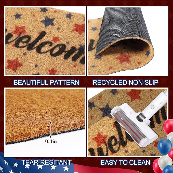 2 Pcs 4th of July Doormat 24'' x 51'' Patriotic Outdoor Rug and 18'' x 28'' Red Blue Star Coir Doormat Welcome Mat Independence Day Non Slip Floor Mat for Entrance Front Porch