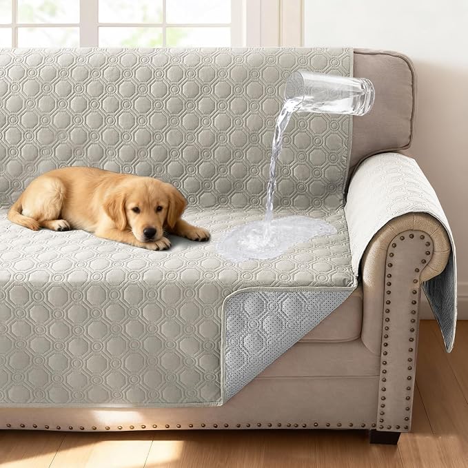 H.VERSAILTEX 100% Waterproof Couch Cover for 3 Cushion Couch Sofa Cover for Dogs Triple Non-Slip Furniture Protector Cover with Elastic Straps for Pet Cat(Sofa, French Oak)