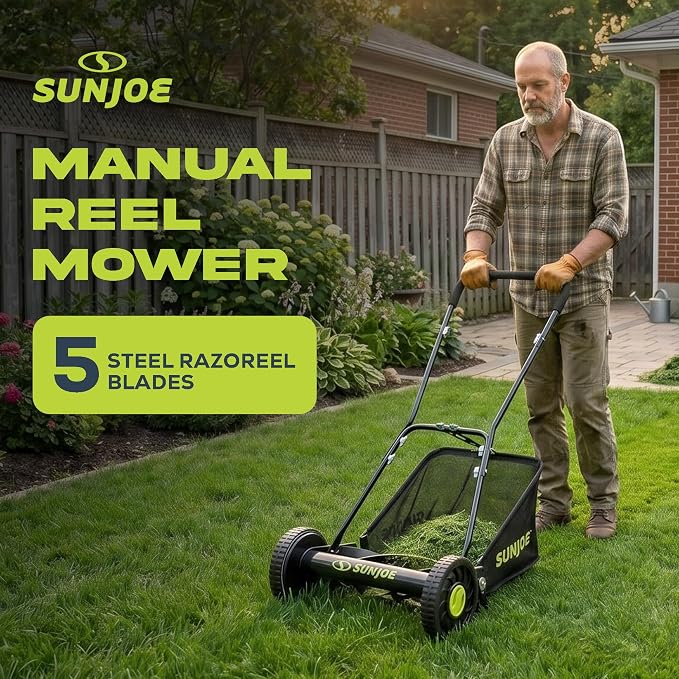 Sun Joe Manual Push Reel Lawn Mower with 6.6-Gal Grass Catcher, 16-Inch Cutting Width - Heavy-Duty Yard Trimmer Machine for Gardening Care and Maintenance, MJ500M