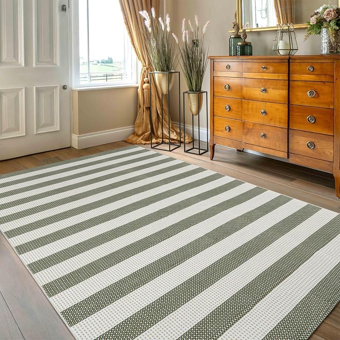 LEEVAN Outdoor Patio Rug 5x7 Striped Porch Mat, Washable Spring Balcony Rug | Green and White Backyard Rug, Plaid Outside Entrance Floor Mat, Indoor/Outdoor Layered Mat for Deck/Pool/Camping/RV