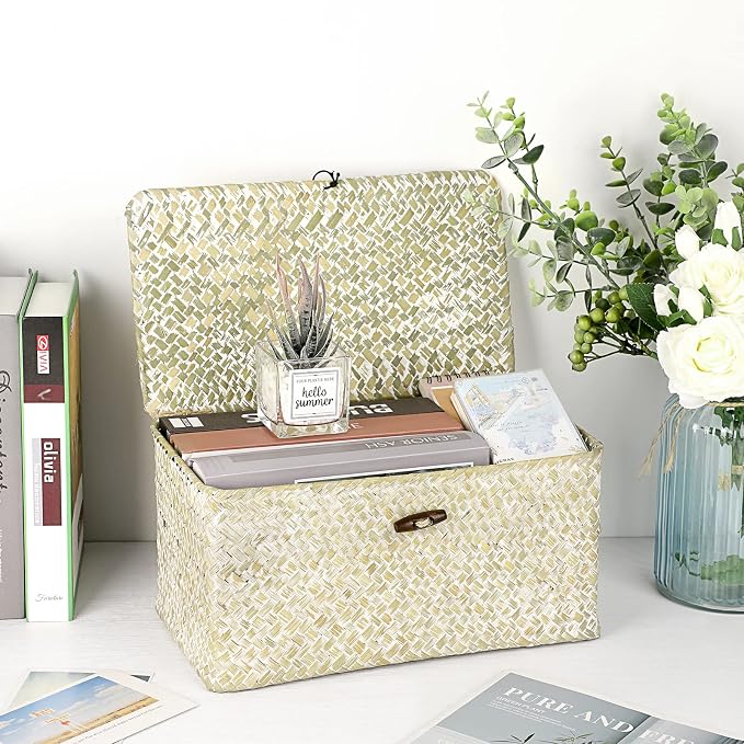 Hipiwe Seagrass Storage Basket Bins with Lid Handwoven Wicker Shelf Baskets | Rectangular Basket Household Organizer Boxes for Shelf Closet Bedroom Home Decor, Whitewash Medium