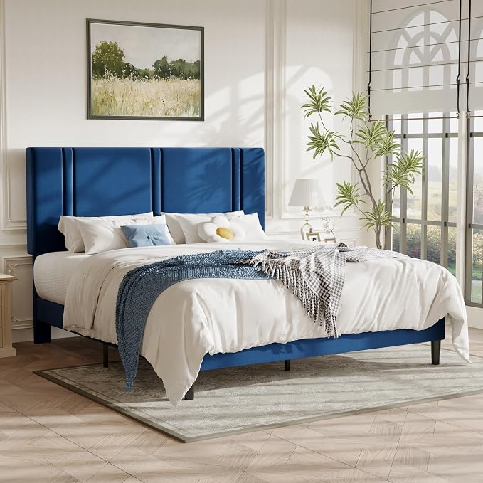Allewie California King Size Platform Bed Frame with Adjustable Headboard | Plush Velvet Upholstered, Vertical Channel Tufted, Sturdy Wood Slats, No Box Spring Needed, Easy Assembly, Blue