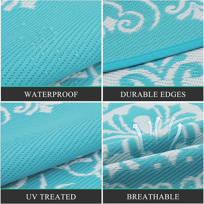 Pauwer Waterproof Outdoor Rug 6ft, Reversible Plastic Straw Patio Camping Rug, Indoor Outdoor RV Mat Carpet for Deck, Camper, Porch, Balcony, Backyard, Picnic, Floral Teal | Reversible Patio Rug, UV Resistant Indoor Outdoor RV Mat Carpet For Deck, Camp...