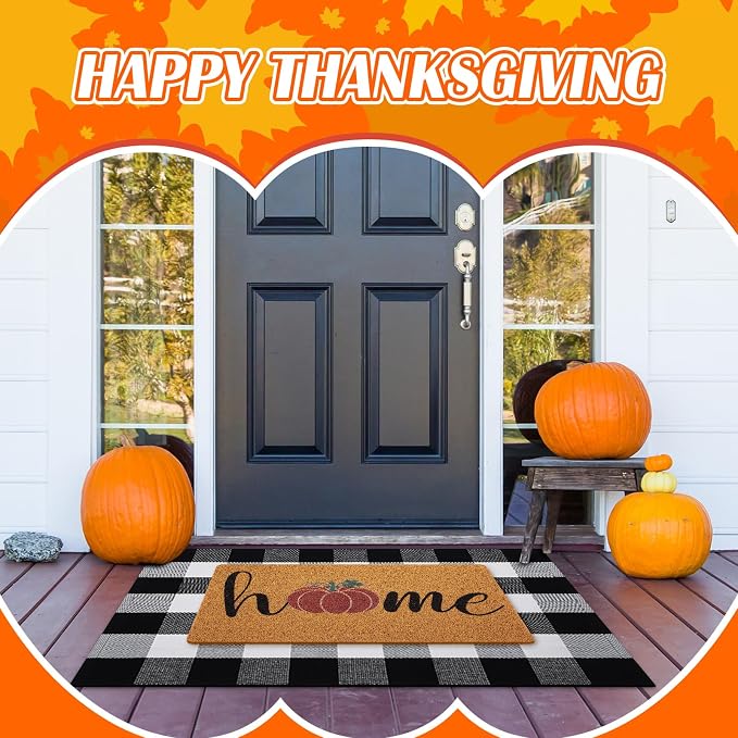 Geelin 2 Pcs Fall Front Door Mat Welcome Mat Outdoor Decorative Doormat Non Slip Buffalo Checkered Rug for Indoor Outdoor(Home Pumpkin)