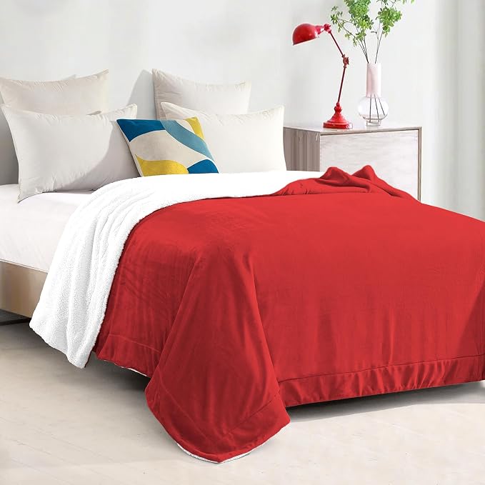 Elegant Comfort Ultra Soft Reversible Flannel Sherpa Blanket - Cozy Silky Fleece Throw for Couch, Bed - Plush Fuzzy Warm Winter Blanket for Gift, Full, Red