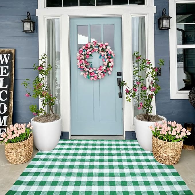 CAINANEL Buffalo Plaid Outdoor Rug Green and White Spring Door Mat Layering Rug Welcome Doormats for Spring Easter Farmhouse Entrance Porch Outdoors Decor