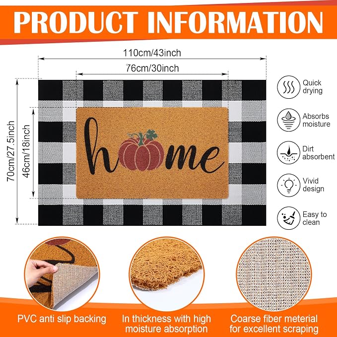Geelin 2 Pcs Fall Front Door Mat Welcome Mat Outdoor Decorative Doormat Non Slip Buffalo Checkered Rug for Indoor Outdoor(Home Pumpkin)