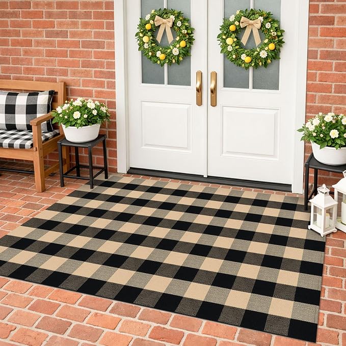 KILOCOCO Buffalo Plaid Checkered Rug 4x6 ft Front Door Rug, Brown and Black | Machine Washable Front Porch Rug, Outdoor Indoor Living Room Rug, Cotton Low Pile Rugs for Kitchen Patio Dining Room