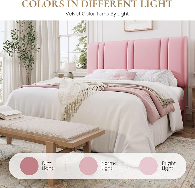 SHA CERLIN Full Size Velvet Bed Frame with Adjustable Headboard, Pink | Vertical Channel Tufted Design, Upholstered Platform Bed, Wood Slats Support/No Box Spring Needed/Easy Assembly