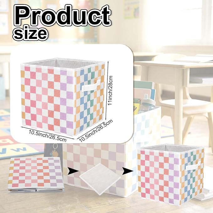 Bokon 11 Inch Colorful Checked Fabric Storage Cube Back to School Classroom Must Have Cube Storage Organizer with Handle Collapsible Cubby Basket Bin Gift for School Lockers Homeschool Office