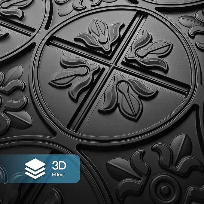 Art3d Drop Ceiling Tiles 24x24in. (12-Pack, 48 Sq.ft), Wainscoting Panels Glue Up 2ft x 2ft for Interior Décor in Living Room, Bedroom & Office, Star Black | PVC, Water Resistant, Shatterproof, Fade-Resistant, Compatible with Grid System, Versatile for...