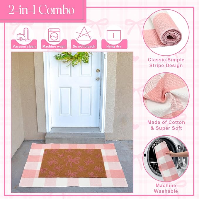 2 Pcs Outdoor Door Mat Combo Set Layered Outdoor Rug and Coir Welcome Doormat Non Slip Outside Floor Mat for Front Porch Entryway Patio Yard Decor(Pink Bow,24'' X 35'',24'' X 16'')