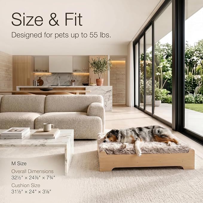 Elevated Wooden Dog Bed with Foam Mattress, Natural Wood, Medium | Raised Dog Bed with Washable Cover and Supportive Foam Mattress, Crafted for Medium Dogs and Modern Homes