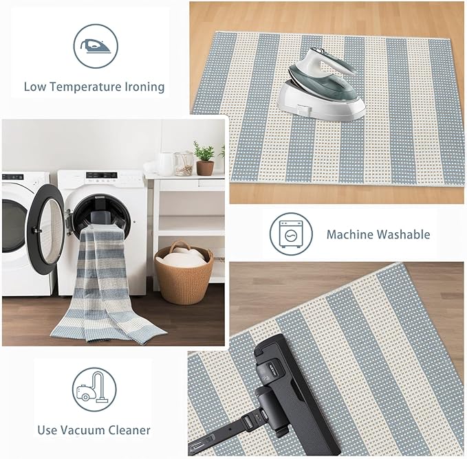 Outdoor Rug 3x5,Washable Striped Rug Front Porch Rugs,Indoor Outdoor Carpet Soft Hand Woven Rug Lightweight Front Door Rugs for Entry/Home Decor/Farmhouse(Blue and Cream)