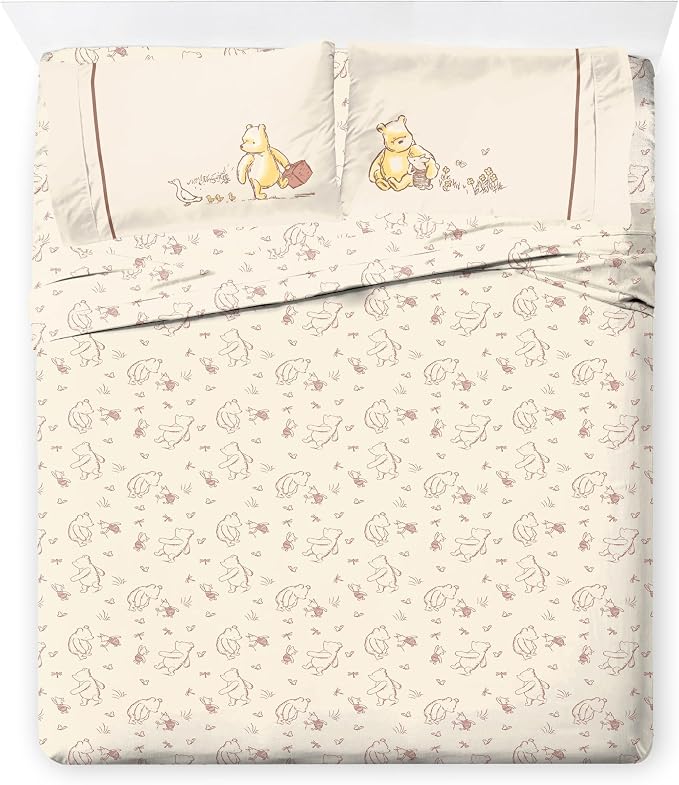 Jay Franco Kids Bed Set, Beige, Winnie The Pooh, 7 Piece Full | Cozy Soft Bedding for Stylish Room Décor with Comforter, Sheets & Pillow Covers