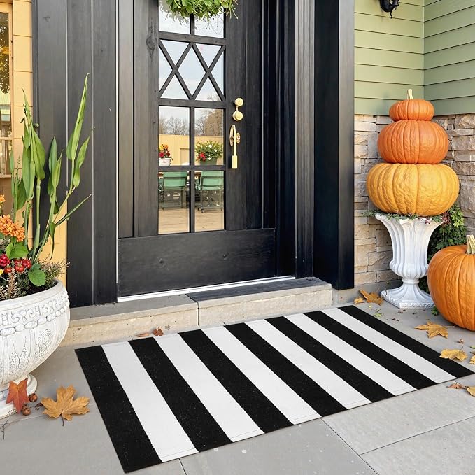 Collive Black and White Outdoor Striped Rug 24"x 51", Cotton Woven Fall Front Porch Rug Decor,Washable Front Door Rugs, Farmhouse Layered Door Mats Outdoor for Entryway Entrance