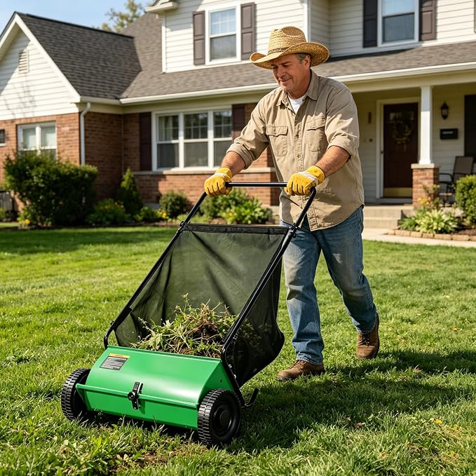 Push Lawn Sweeper, 26 in Grass Sweeper Leaf Collector with 7 Cu.ft Mesh Bag, Yard Sweeper with Adjustable Brush Height and 4 Spinning Brushes for Cleanup, Lawn Care Equipment