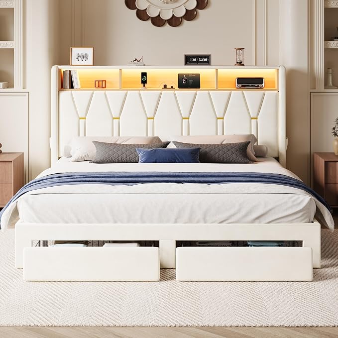 SHA CERLIN Velvet King Platform Bed Frame with 2 Storage Drawers, LED Storage Headboard with Charging Station, Wingback Upholstered, Noise Free, No Box Spring Needed, Easy Assembly, White