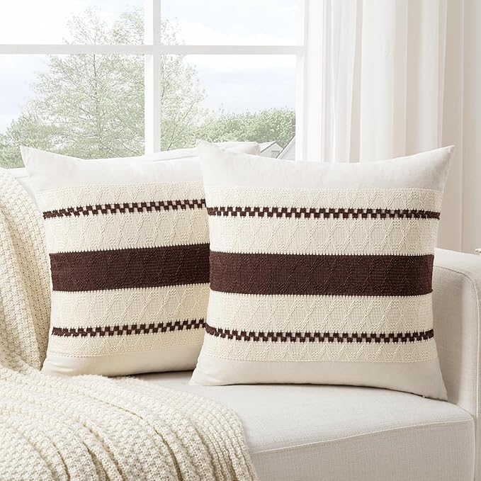 Fancy Homi Set of 1 Boho Brown Decorative Throw Pillow Cover 16x16 Inch for Couch Bed Sofa, Aesthetic Modern Organic Farmhouse Home Decor, Soft Cotton Cute Accent Macrame Woven Cushion Case