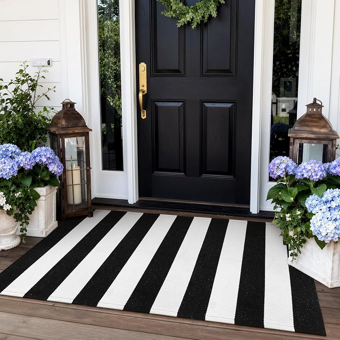 Collive Black and White Outdoor Striped Rug 27.5"x 43", Washable Layered Door Mats Outdoor,Farmhouse Front Porch Rug Decor,Cotton Woven Entryway Rugs for Welcome Mat Kitchen