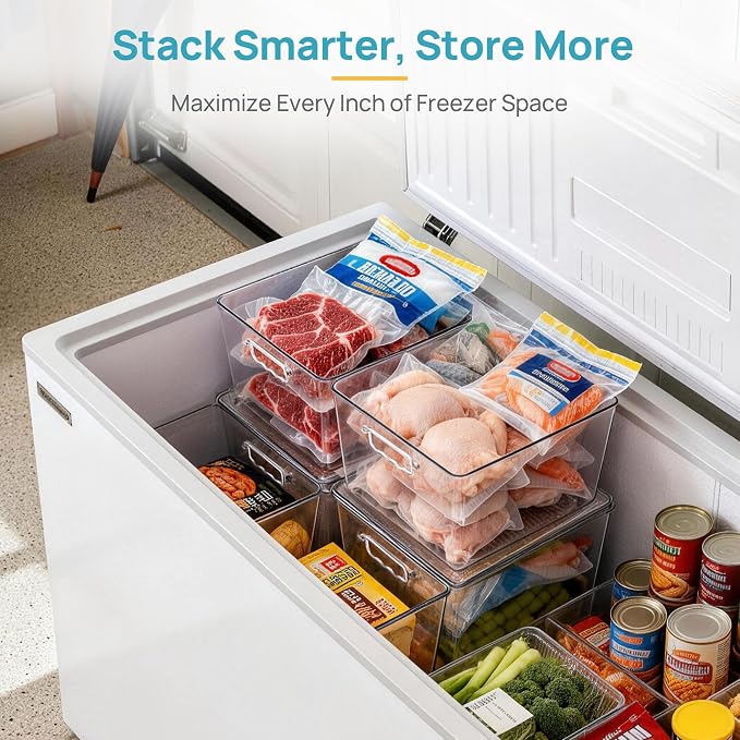 Vtopmart 4 Pack Extra Large Clear Stackable Storage Bins with Lids, 11inch Organizer Bins with Handle for Onions and Potatoes, Plastic Containers for Pantry, Freezer, Kitchen, Closet Organization