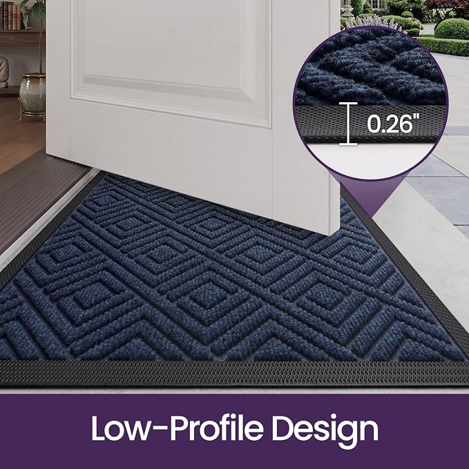 DEXI Front Door Mat Outside Entrance, 2x3 Heavy Duty Entry Doormat Dirt Trapper with Rubber Back, Non Slip Low Profile Floor Mats for Entryway Exterior Patio, Checkered Navy