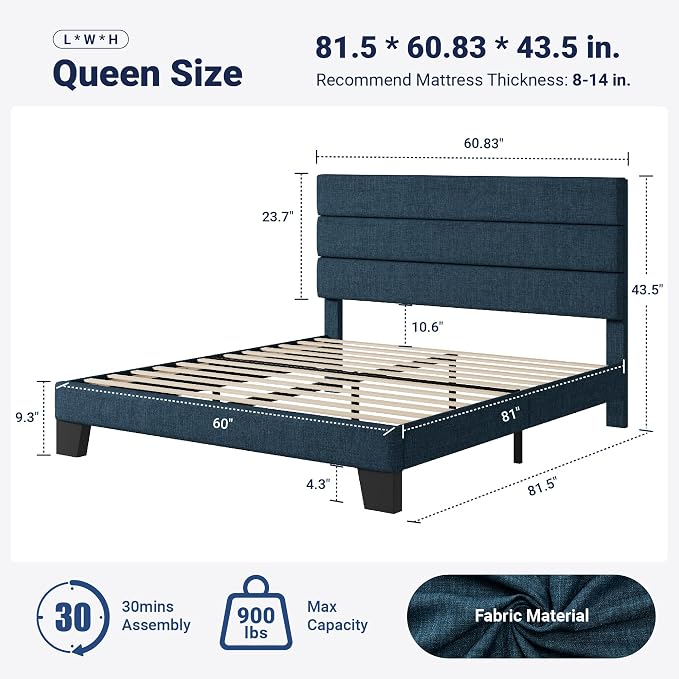 Allewie Queen Size Platform Bed Frame with Fabric Upholstered Headboard | Wooden Slats Support, Fully Upholstered Mattress Foundation, No Box Spring Needed, Easy Assembly, Noise-Free, Blue