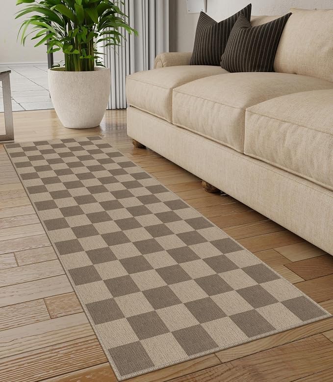 Rugalia Easy Jute Checkered Runner Rug, 2.6x8 Brown Modern Washable Rugs Runner for Hallway Non-Slip Kitchen Runner Rug, Geometric Checkerboard Indoor Outdoor Carpet for Porch Laundry Entryway