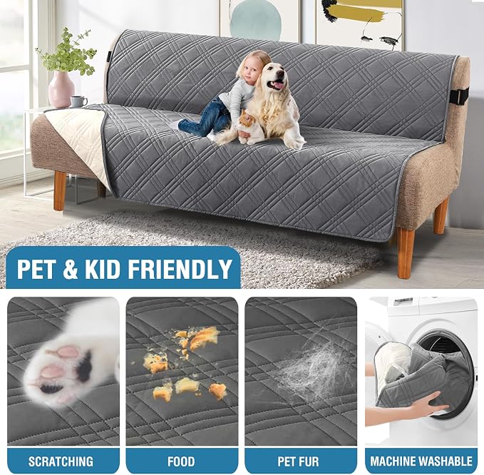H.VERSAILTEX 100% Waterproof Futon Cover Reversible Futon Slipcover Armless Sofa Slipcover Furniture Protector Seat Width Up to 70" Washable with Adjustable Elastic Strap Anti-Slip, Grey/Beige