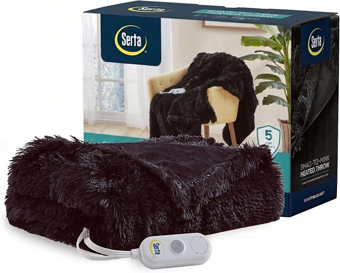 Serta Mila Shaggy Heated Throw Blanket - Soft Faux Fur Heated Blanket, Fast Heating, Auto Shut Off Timer, Low EMF, 5 Heat Setting, ETL Certified, Machine Washable Electric Blanket, Black 50"x60"