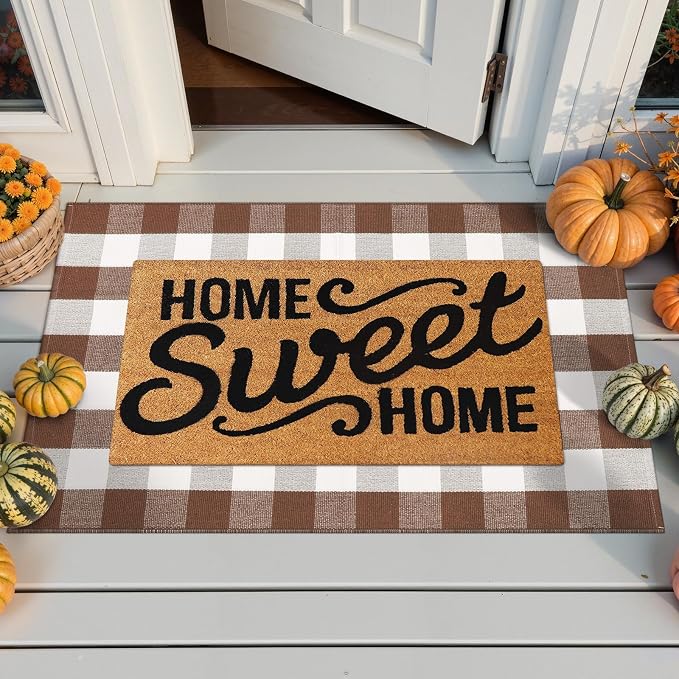 Collive 3x5 Buffalo Plaid Checkered Outdoor Rug, Fall Autumn Decor Door Mat, Coffee and White Washable Front Doormat Outside Entrance, Layered Welcome Mat Porch Area Rugs for Entryway Patio