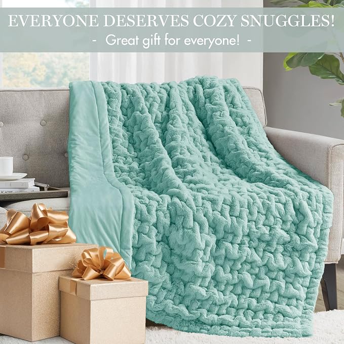 Madison Park Ruched Fur Throw Faux Fur Blanket for Sofa, 50" x 60", Aqua | Luxury, Premium, Soft Cozy Brushed Long Pile, All Season Plush Modern OEKO- TEX Certification Warm For Bed, Couch or Sofa